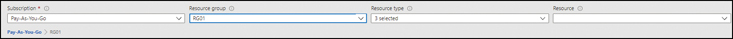 A screenshot showing the values to be selected, with Subscription as Pay-As-You-Go, the Resource Group as RG01, the Resource Type with 3 selected, and Resource left blank.