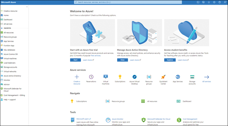A screenshot showing the entire default Azure Portal window.