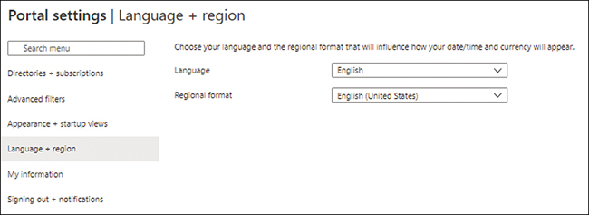 A screenshot is showing the Portal Settings page with the Language + Region tab. Language is set to English, and Regional Format is set to English (United States).