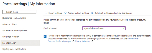 A screenshot is showing the Portal Settings page with the My Information tab. Email ID is set to myemail@domain.com, and I Would Like to Hear from Microsoft is checked.