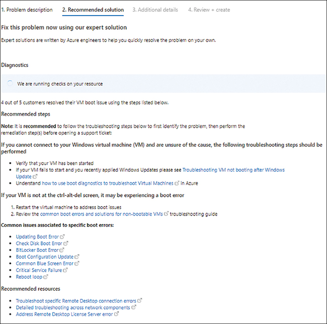 A screenshot is showing the Recommended Solution tab of the New Support Request wizard. Diagnostics is showing We Are Running Checks on Your Resource. A set of Recommended Steps is provided by Microsoft.