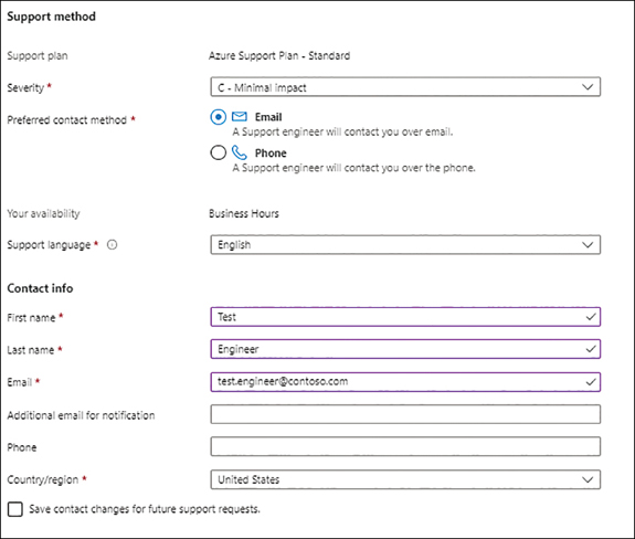 The screenshot showing additional details on the Help and Support form detailing the Severity of the issue, Preferred Contact Method, Support Language, and Contact Info for the engineer for the Azure Support team to engage.