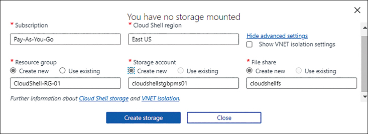 A screenshot showing the options selected to create storage with the information set up in the Resource Group with the name of the new group, the name of the new storage account name set up as clousdhelldtgbpms01, and the new file share named cloudshellfs.