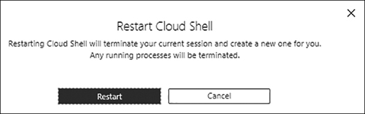 A screenshot showing the Cloud Shell Service Restart window with the Restart button to click on.