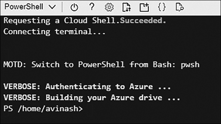 A screenshot showing the Start window of the PowerShell in Cloud Shell.
