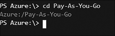 A screenshot showing the browser by running the cmdlet cd SubscriptionName selected as Pay-As-You-Go.