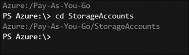 A screenshot showing the cmdlet cd StorageAccounts selected to have the list of storage accounts containers.