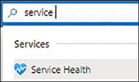 A screenshot showing the search bar with the Service Health service being searched and filtered for selection.