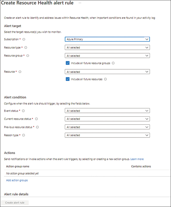 A screenshot is showing the details of options to select in the Resource Health Alert Rule wizard.