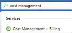 A screenshot is showing the search for cost management in the Azure Portal, and the Cost Management + Billing service is showing in the Services section.