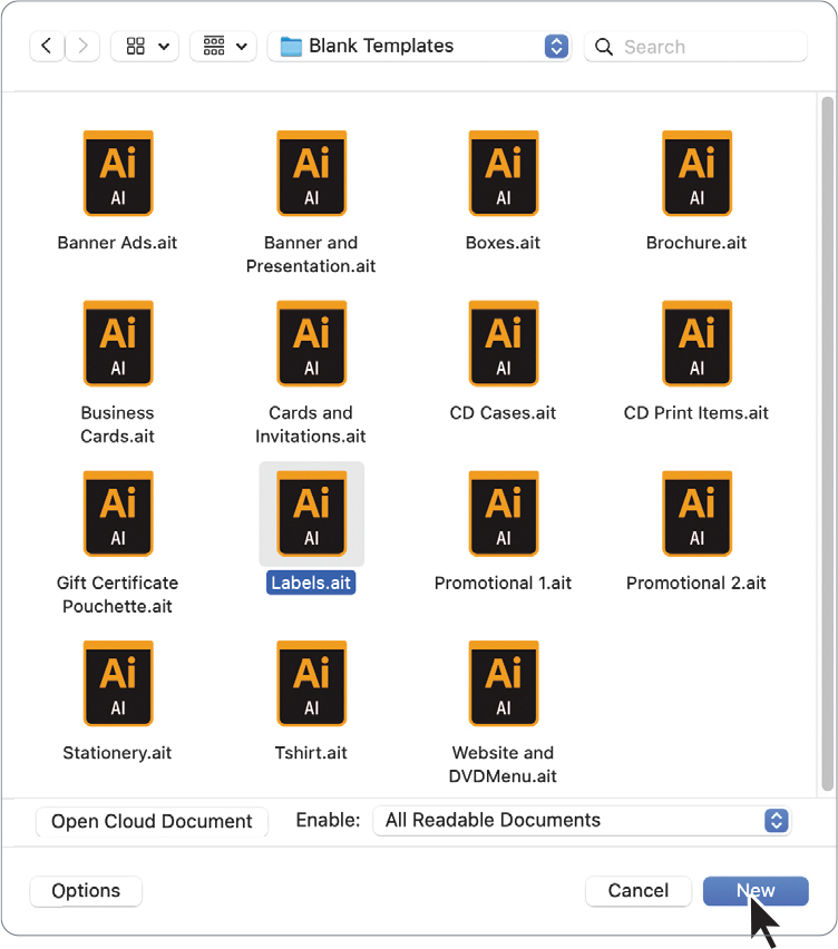 A screenshot of the Adobe Illustrator application displays the blank templates.