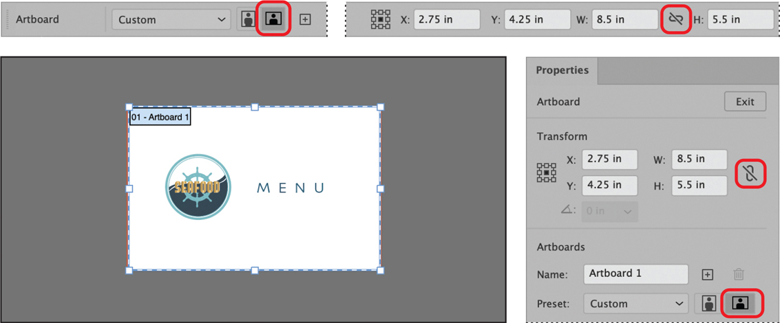 A screenshot shows the placement of artboard dimensions icons in control and properties panels.