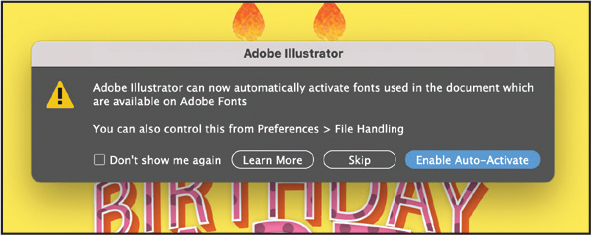 A screenshot shows a warning message shown in a window. The window is titled Adobe illustrator.