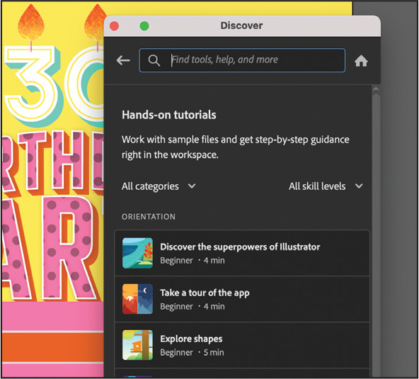 A screenshot shows the discover panel. It displays search tools, help content, and hands-on tutorials.