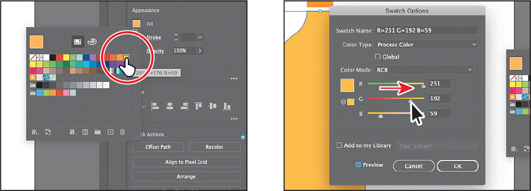 A screenshot shows the fill in swatches panel from the properties panel and the swatch options dialog box. Orange color is highlighted from the fill in swatches panel. In the swatch options dialog box, the following details are filled. R, 251. C, 192. B, 59.