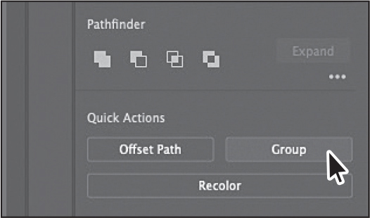 A screenshot shows the properties panel. Four pathfinders are shown in four icons. Three buttons labeled offset path, group, and recolor are placed under quick actions. The mouse pointer is placed over the group button.