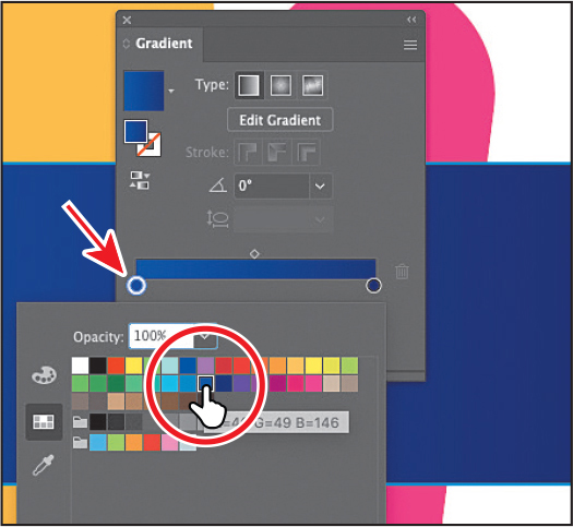 A screenshot shows the gradient panel. The icon for fill box is highlighted. A small stop icon on the left side of the gradient slider in the gradient panel is highlighted with an arrow. In the swatches panel shown below, lighter blue is selected and highlighted.