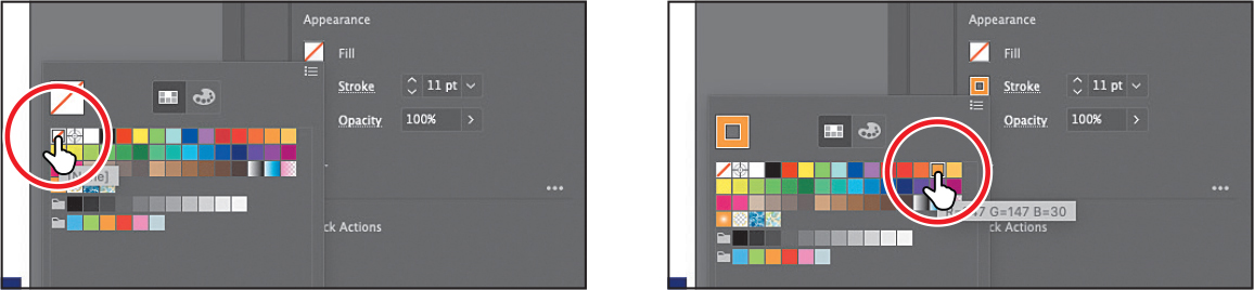 Two screenshots are shown. The first screen is highlighting the none swatch from the properties panel. The second screen shows choosing the orange color from the swatches panel.