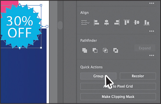A screenshot shows dragging and placing the text, 30% off exactly on the blue circle. The properties panel is shown on the right. Button labeled group is highlighted.