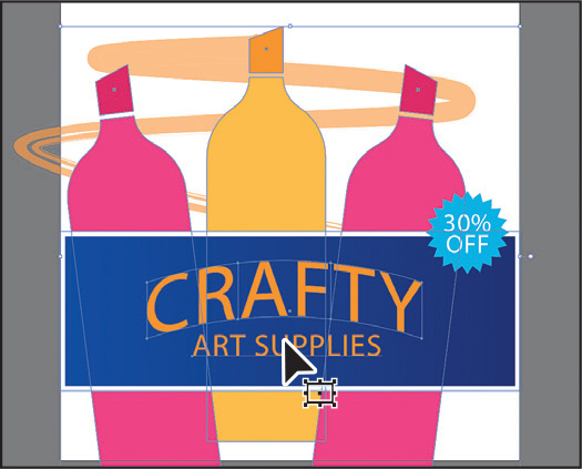 A screenshot shows the figure of three markers. The marker at the left and right ends are in red. The marker at the middle is in orange. The rectangle at the center has the text that reads as follows. CRAFTY ART SUPPLIES. The word CRAFTY is in arch pattern. The text on the top-right of the rectangle reads, 30% off.