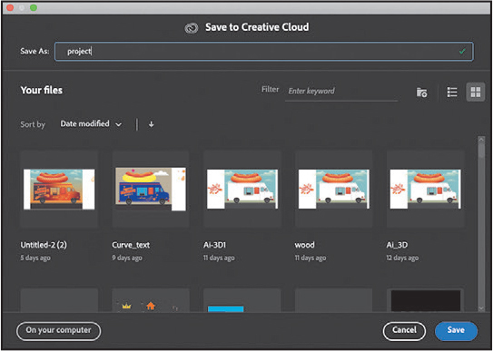 A screenshot shows the save to creation cloud dialog box. Provisions are given for changing names and locations.