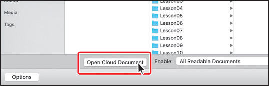 A screenshot shows the open dialog box. Open cloud document button is highlighted.
