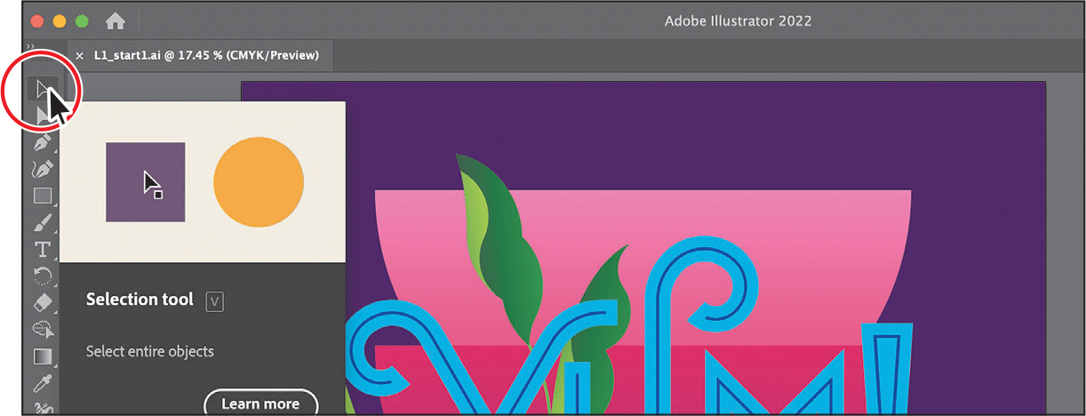 A screenshot shows an illustrator window. The toolbar is placed on the left side of the window. Selection tool is selected from the toolbar.