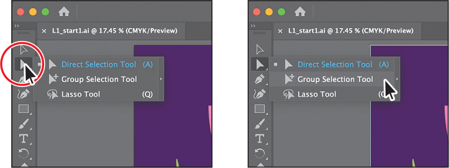 Two screenshots are shown. Screen 1 shows the toolbar that is placed on the left side of the window. Selection tool is selected from the toolbar. It lists three options. From the given options, direct selection tool is selected. Screen 2 shows selecting group selection tool from the selection tool.