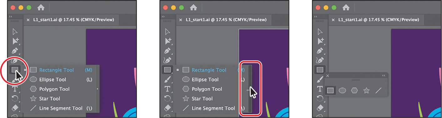 Three screenshots are shown. Screen 1 shows selecting the rectangle tool from the toolbar. Screen 2 shows clicking the arrow at the right edge of the hidden tools panel. The right edge is highlighted. Screen 3 shows the toolbar is separated.
