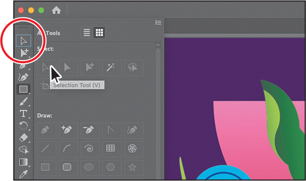 A screenshot shows selecting the selection tool from the tools list of the toolbar. The selection tool is highlighted.