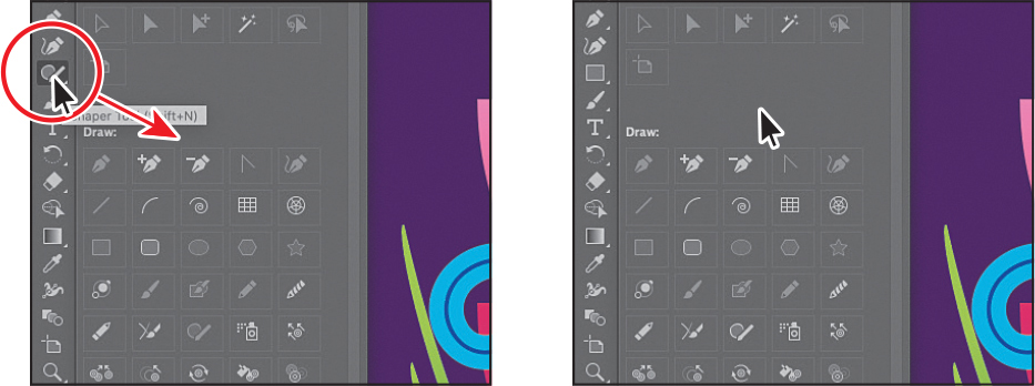 Two screenshots are shown. Screen 1 shows the panel to the right of the toolbar to view the extra tools. Sharper tool on the rectangle tool is highlighted. Screen 2 shows removing the sharper tool and placing it in the extra tools panel.