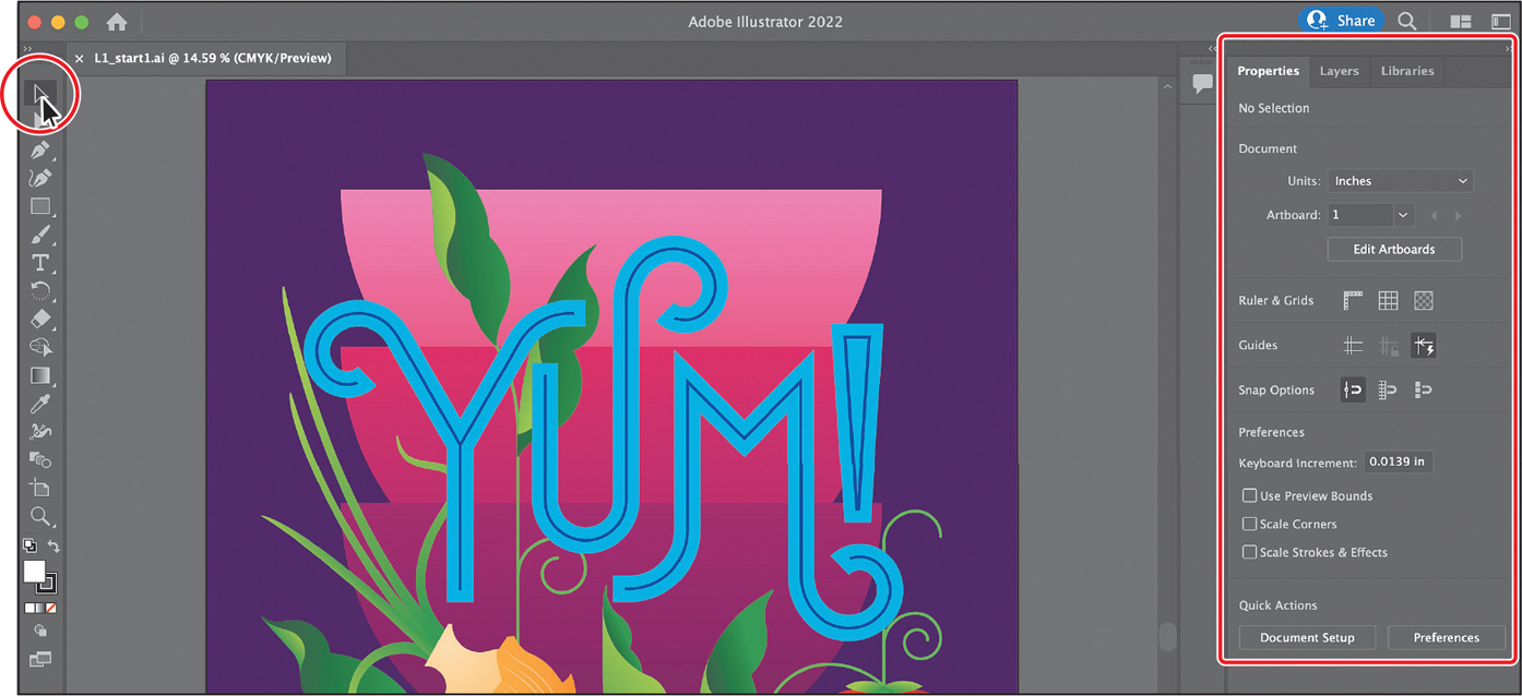 A screenshot shows an Adobe illustrator window. The selection tool on the left is highlighted. The properties panel is shown on the right. It is highlighted.