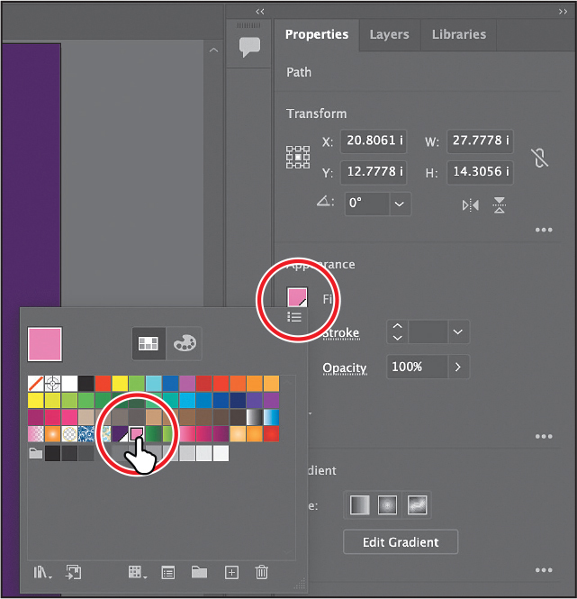 A screenshot shows the properties panel of the illustrator window. Under appearance, fill option is selected. The swatches option is placed to the left of the fill option. It is highlighted. A color is selected from the swatches panel.