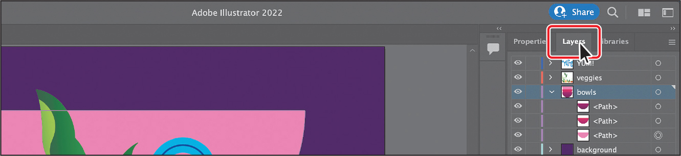 A screenshot shows an Adobe illustrator window. The properties panel is shown on the right. The layers panel tab is selected. The layers panel tab is present to the right of the properties panel tab.