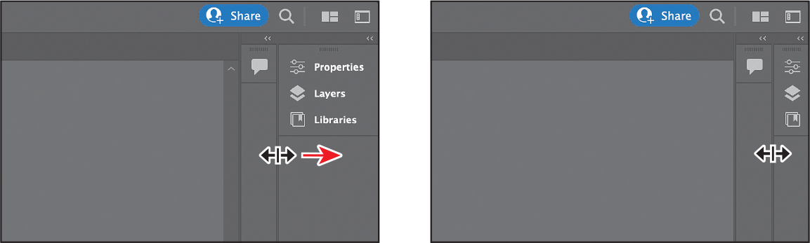 Two screenshots are shown. Screen 1 shows the docked panels on the right side of the window. The docked panel shows three icons along the texts properties, layers, and libraries. The left edge of the docked panel is selected and dragged toward the right. Screen 2 shows the docked panel completely moved to the right. Only the icons for properties, layers, and libraries are displayed.