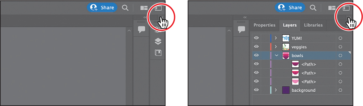 Two screenshots are shown. Screen 1 shows a double arrow hat is placed above the dock on the right side of the window. The icon for double arrow is highlighted. Screen 2 shows the expanded panels.