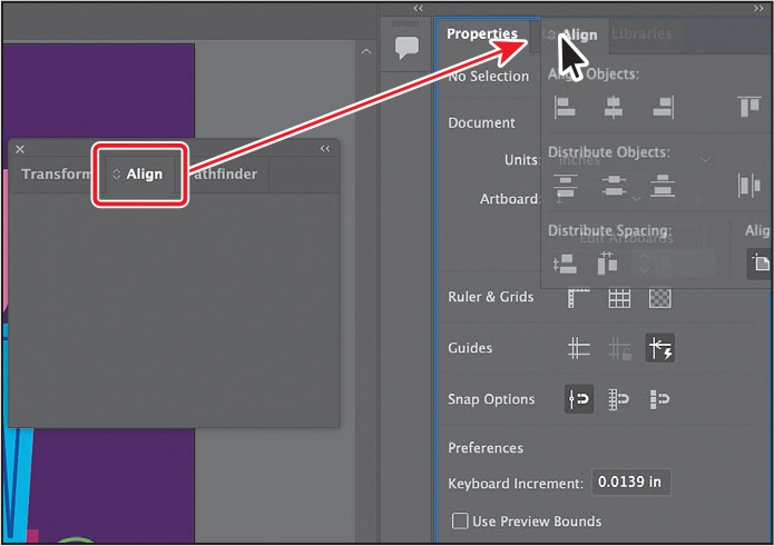 A screenshot shows dragging the align panel onto the properties, layers, and libraries panel tabs on the right. A blue highlight is shown over the entire properties panel.