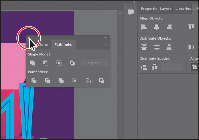 A screenshot shows the Transform and Pathfinder panel group. The close button at the top-left corner of the transform and pathfinder panel group is highlighted.
