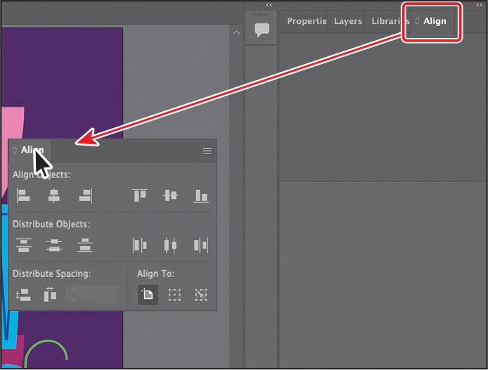 A screenshot shows dragging the align panel to the left and place it at the center of the window.