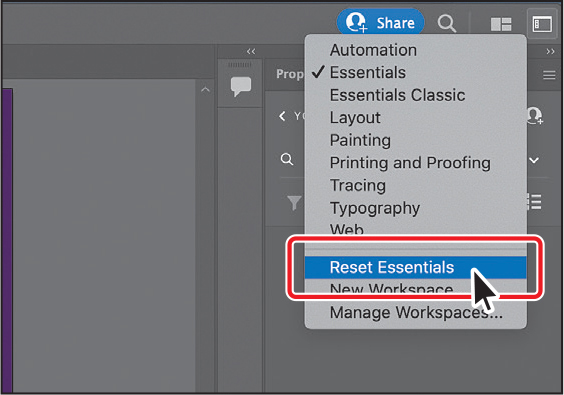 A screenshot shows a list of options displayed near the workspace switcher. From the list of options, reset essentials is selected.