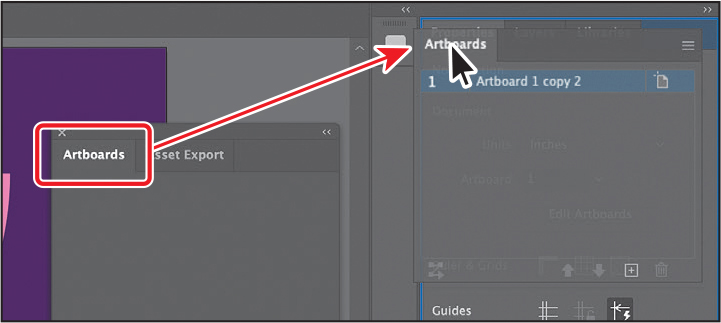 A screenshot shows the art boards panel group. The art boards panel group is dragged from the center of the window to the right side.