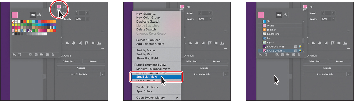 Three screenshots are shown. Screen 1 highlights the swatches option. The swatches panel is open. Screen 2 shows a list of options under panel menu icon. From the list, small list view is selected. Screen 3 shows the swatch names together with the thumbnails.