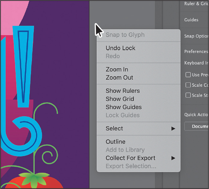 A screenshot shows a right-click menu at the grey area around the artwork. The right-click menu includes the following options. Undo lock, zoom in, zoom out, show rulers, show grid, show guides, and outline.