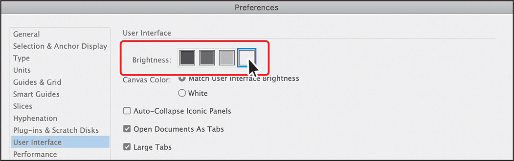 A screenshot shows the preferences window. User interface option is selected from the left panel. The brightness setting with four preset levels is shown. They are highlighted.