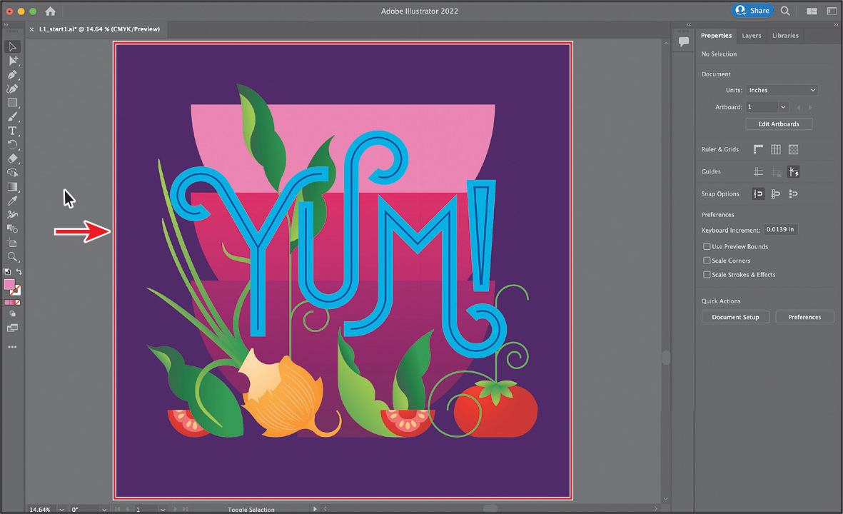 A screenshot shows the entire poster in an illustrator window. A right arrow is pointing the left edge of the window. The poster shows the images of tomato slices, a full tomato, an onion. The text at the center reads, yum.