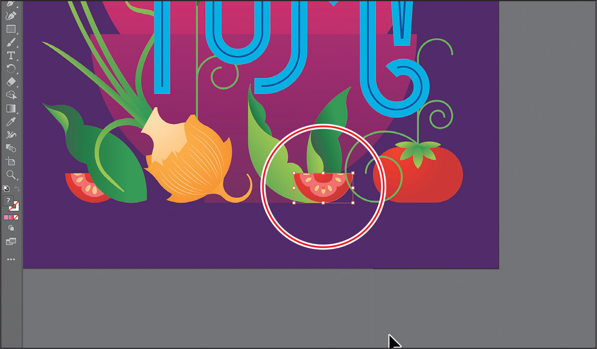 A screenshot shows an illustrator window with a picture. The picture shows two sliced tomatoes, a full tomato, an anion, and a few leaves. The text at the center reads, yum. A tomato slice is placed below M in the text yum and that is highlighted.