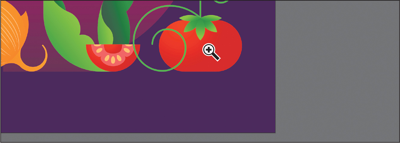 A screenshot shows an illustrator window with a picture. The picture shows two sliced tomatoes, a full tomato, an anion, and a few leaves. The text at the center reads, yum. A zoom in tool pointer is placed over the whole tomato.