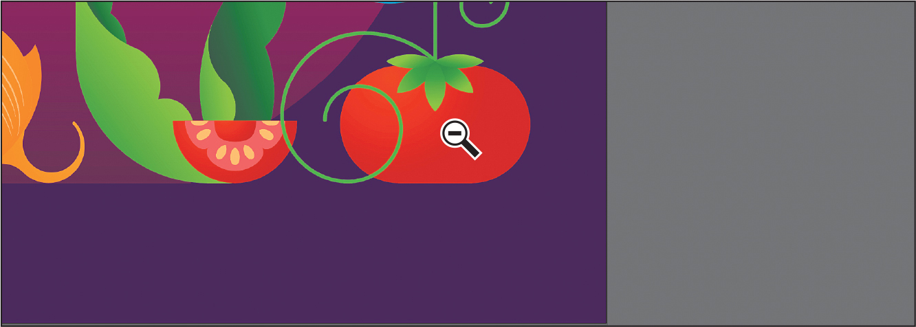 A screenshot shows an illustrator window with a picture. The picture shows two sliced tomatoes, a full tomato, an anion, and a few leaves. The text at the center reads, yum. A zoom out tool pointer is placed over the whole tomato.