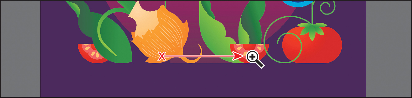 A screenshot shows a picture of two tomato slices, a whole tomato, an onion, and a few leaves. An X mark is placed on the onion. The zoom in tool pointer is placed on the second tomato slice. A right arrow is drawn from the x mark to the zoom in tool pointer.