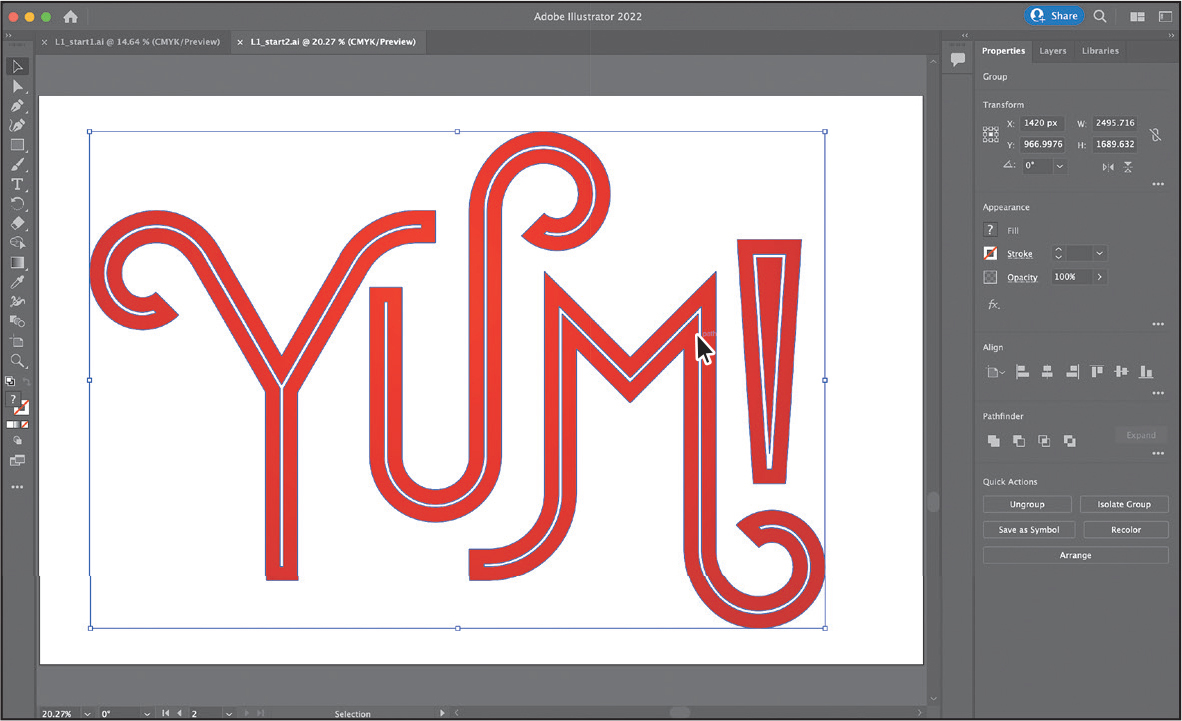 A screenshot shows an illustrator window. It displays an artwork with the text that reads, yum.